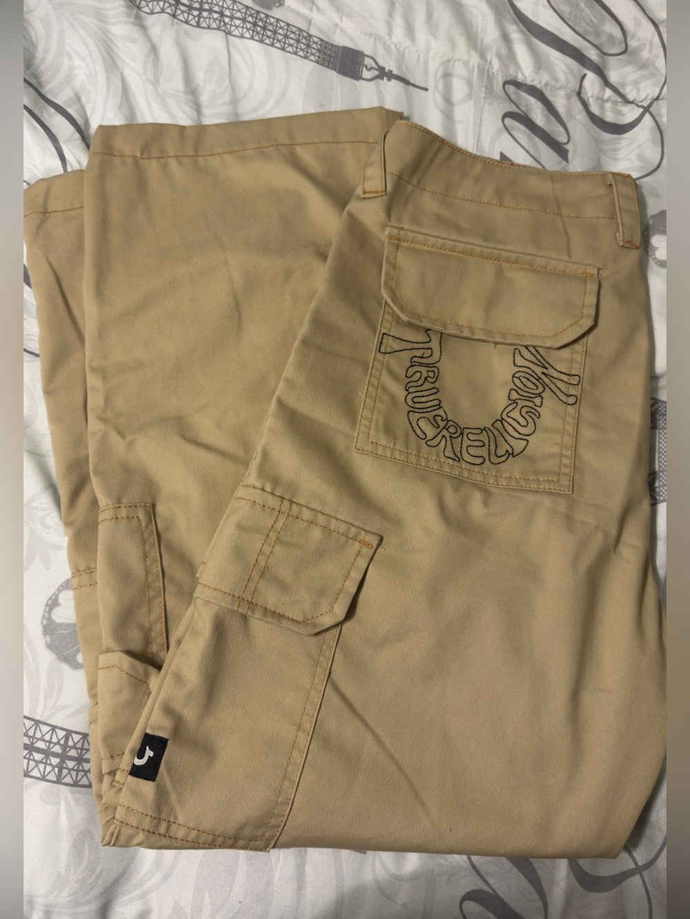 True Religion  Khaki Cargo Pants with Embroidered Back Pocket